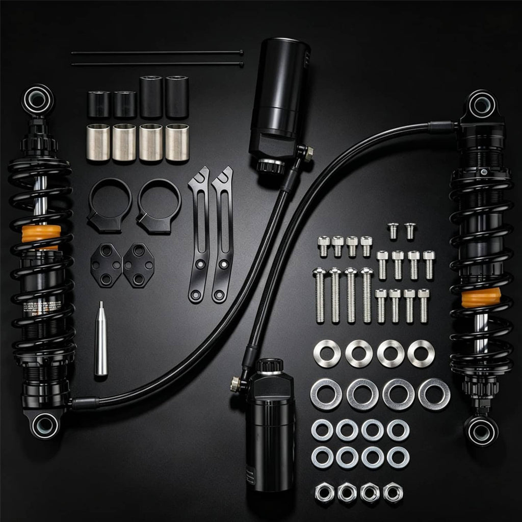 Set of black adjustable rear shocks with remote reservoirs and hardware kit