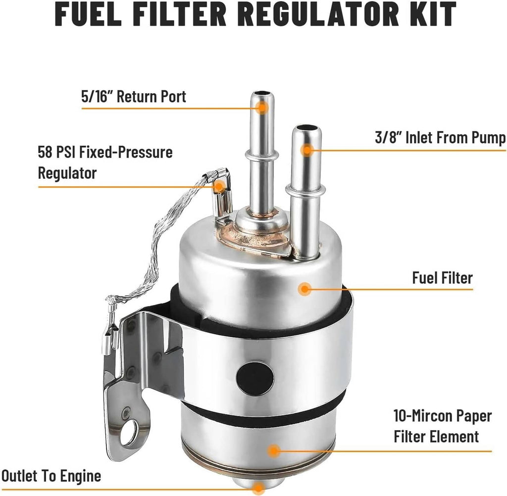 Fuel filter pressure regulator with 10-micron filter element and inlet and return ports