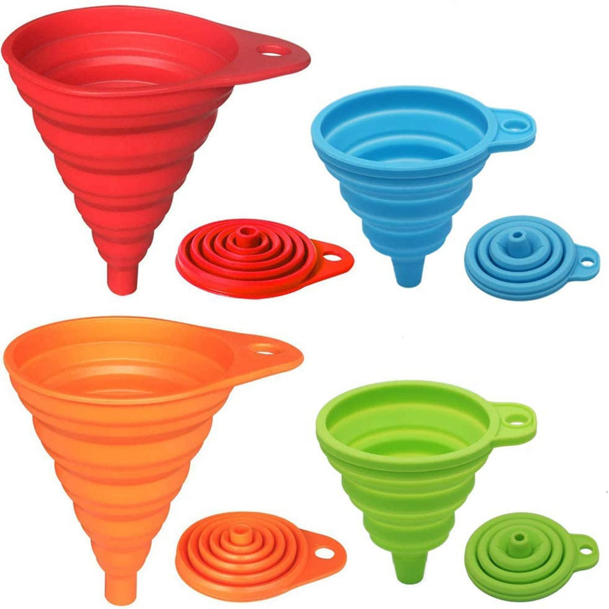 Foldable kitchen funnels in red, blue, orange, and green with flat seal lids