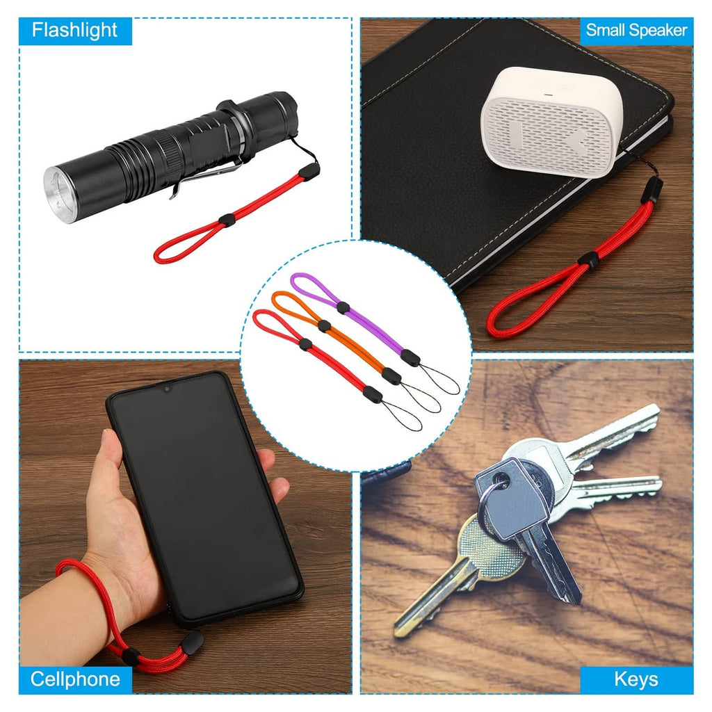 Red and purple wrist strap lanyards with black end caps and keyring attachment