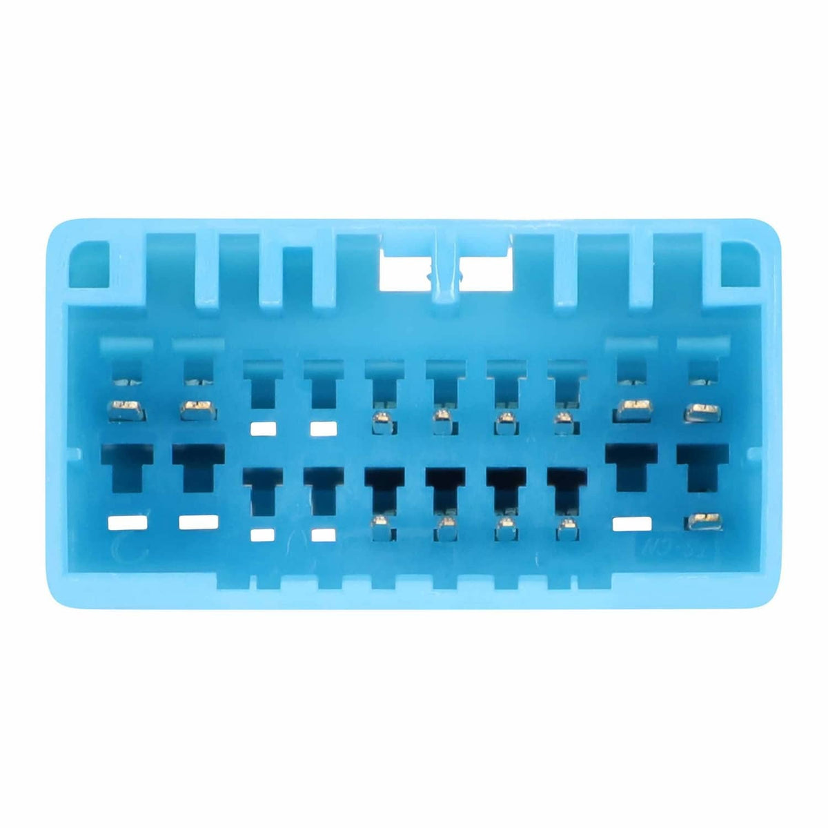 Blue wiring harness connector with multiple pin terminals