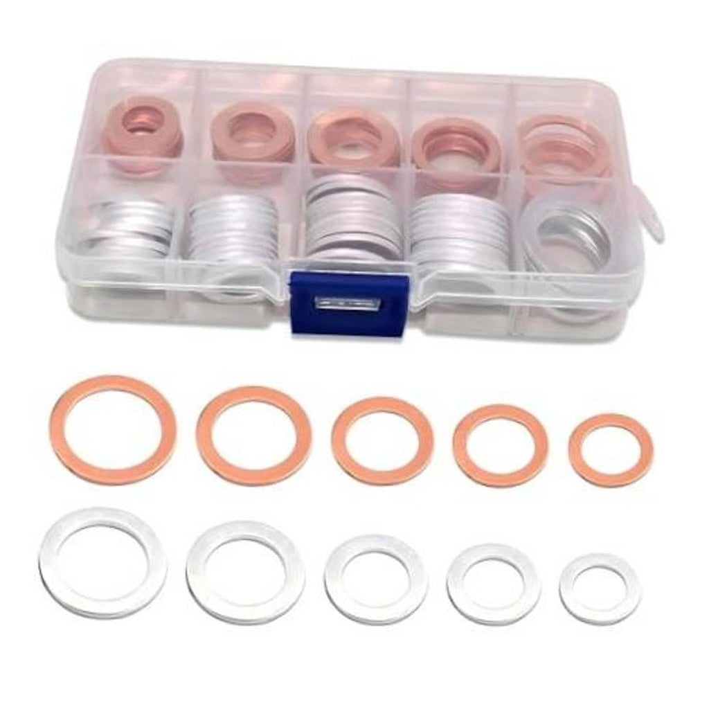 Crush washer gasket set in clear plastic box with copper and silver rings