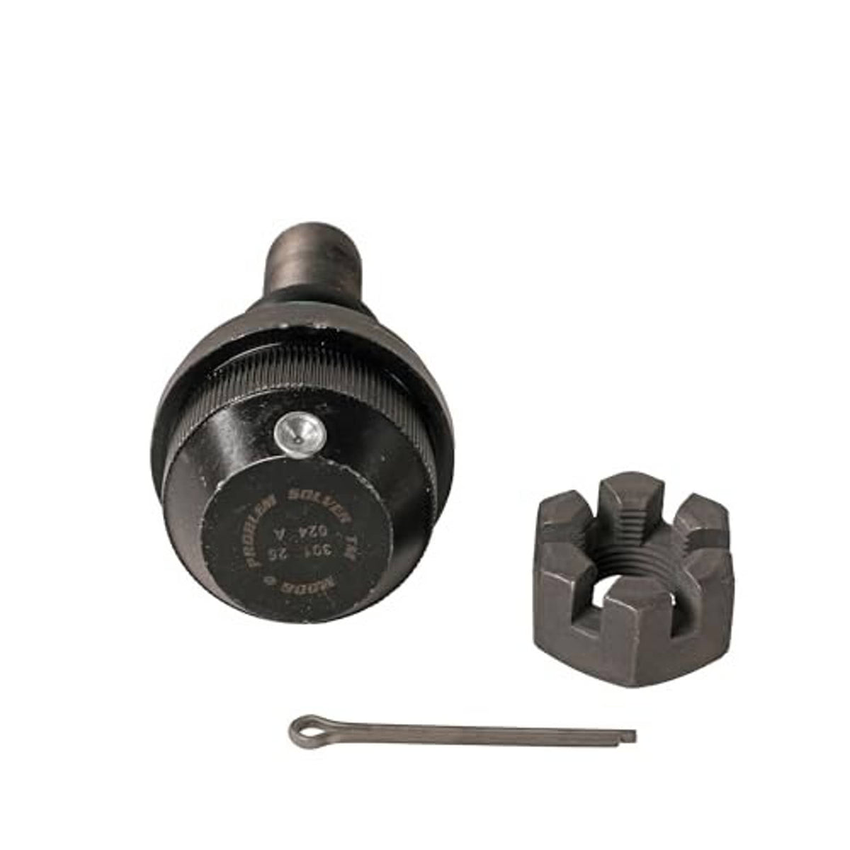 Ball joint end with round cap, threaded stud, nut and cotter pin