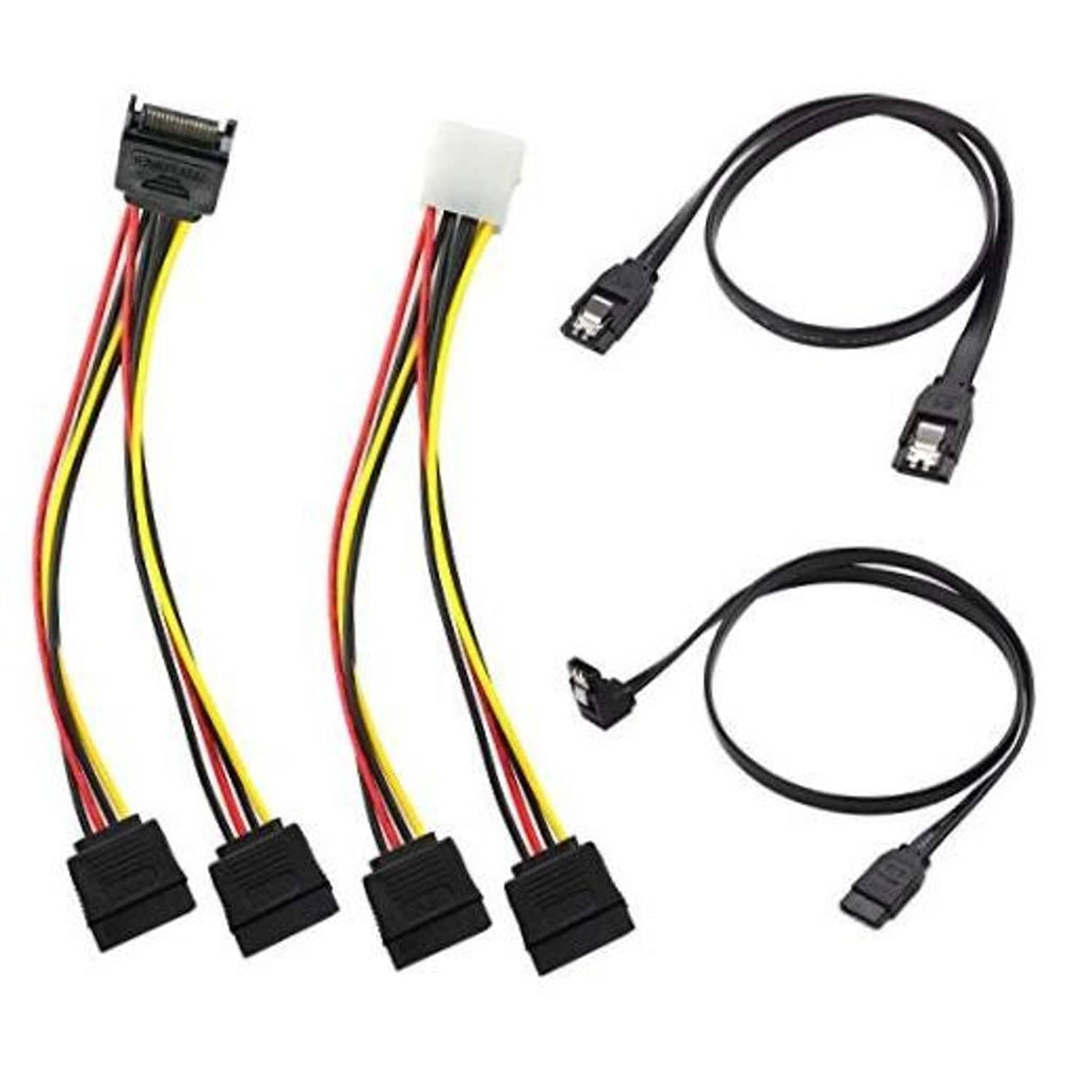 SATA data cable and 15-pin power splitter cable set with four black connectors