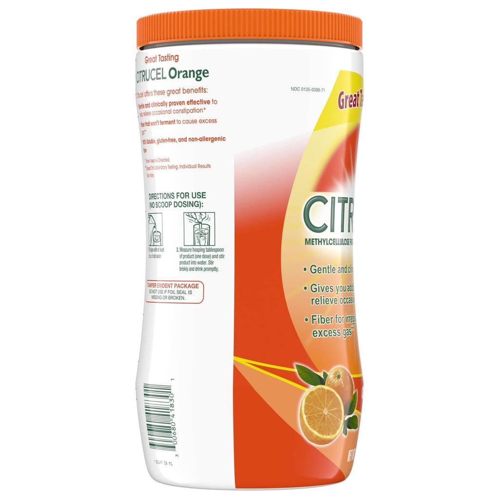 Citrucel Fiber Powder orange flavor jar back label with nutrition and directions