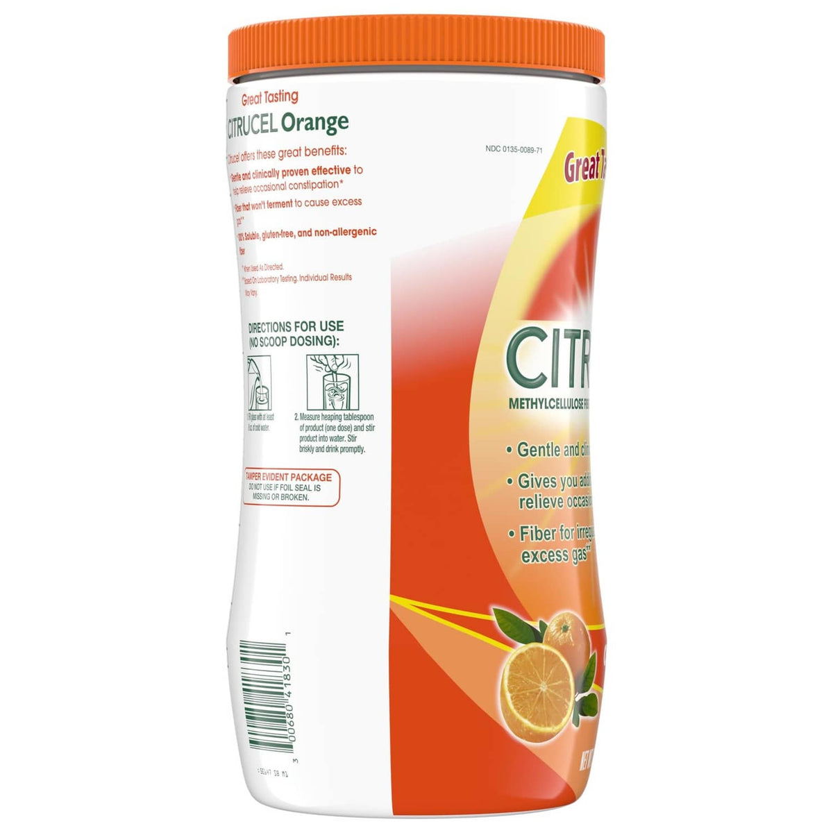 Citrucel Fiber Powder orange flavor jar back label with nutrition and directions