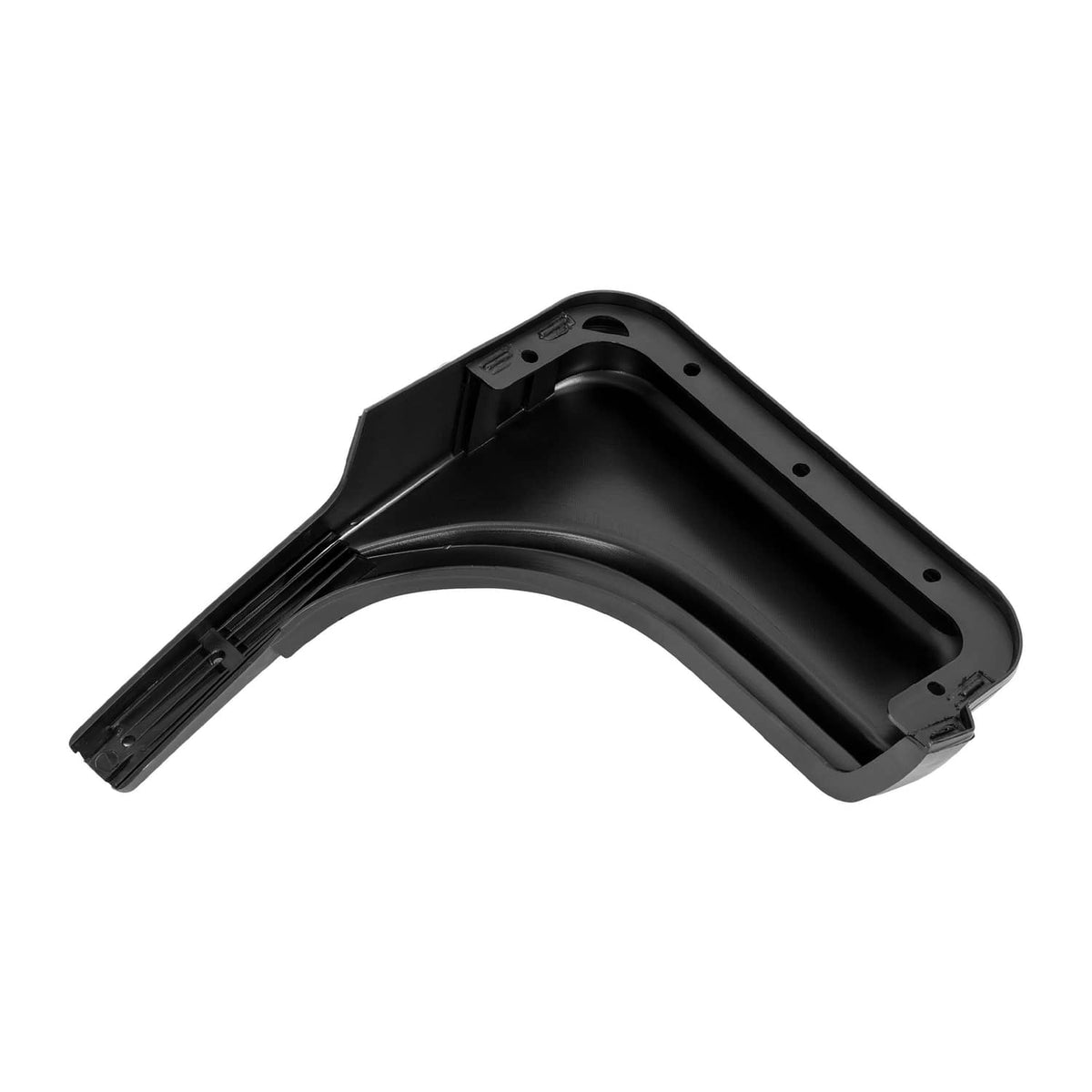Black left golf cart fender cap underside with raised ribs and mounting holes