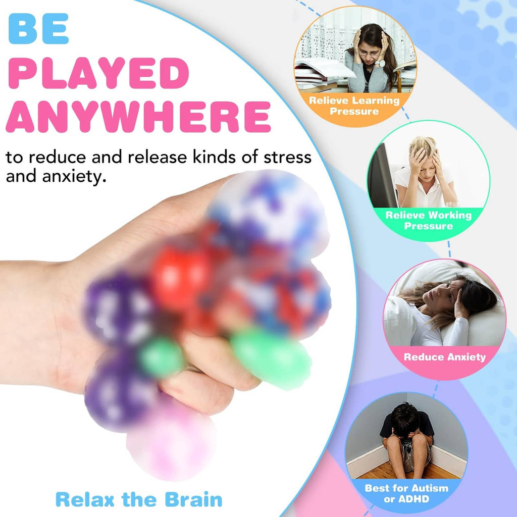 Squeezed multicolor stress ball in a hand, with more balls in the background
