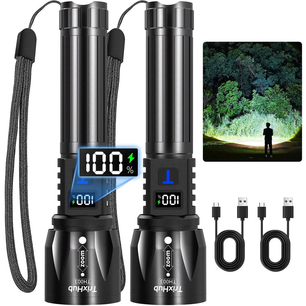 Black rechargeable flashlight 2-pack with lanyards and LCD display