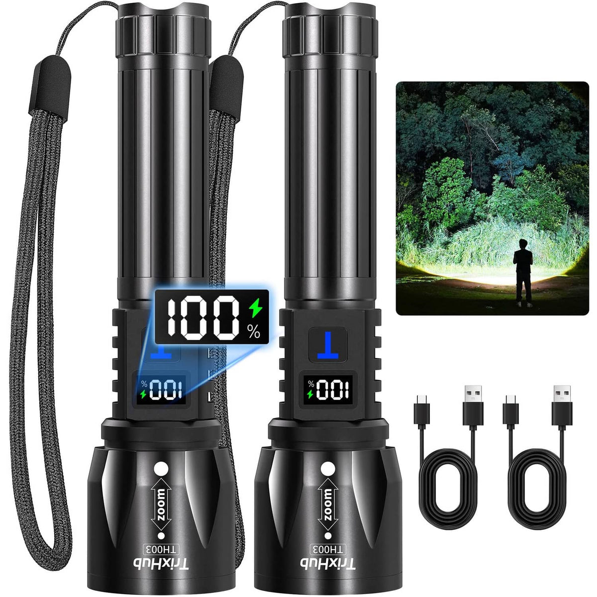 Black rechargeable flashlight 2-pack with lanyards and LCD display