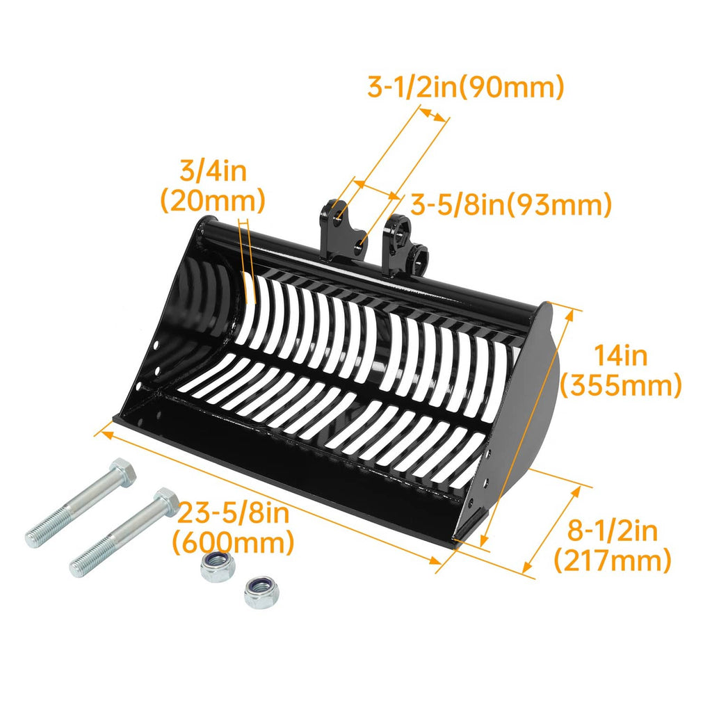 Black screening skeleton bucket attachment with white ribbed screening bars and side bolts