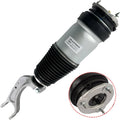 Front air suspension shock strut with black rubber bellow and silver body, side view.