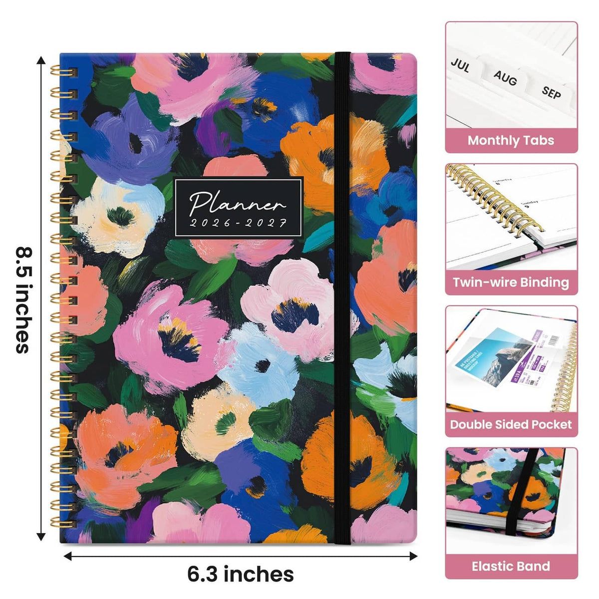 Spiral planner with vibrant floral cover, elastic band closure, and twin-wire binding