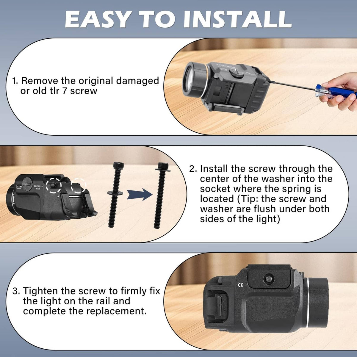 Black mounting screws and washers shown with light installation steps