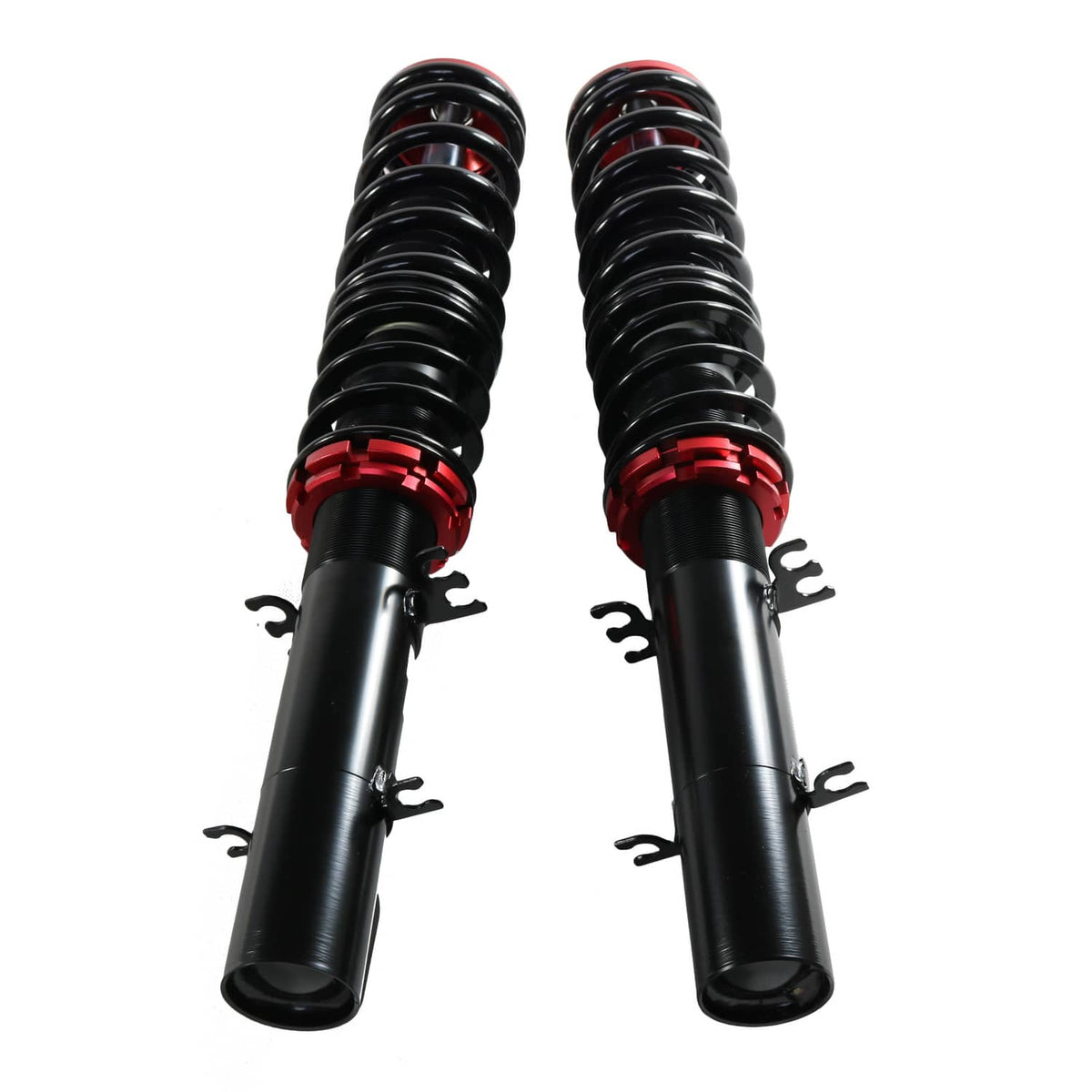 Pair of coilover shocks with black bodies, red collars, and metal spring coils