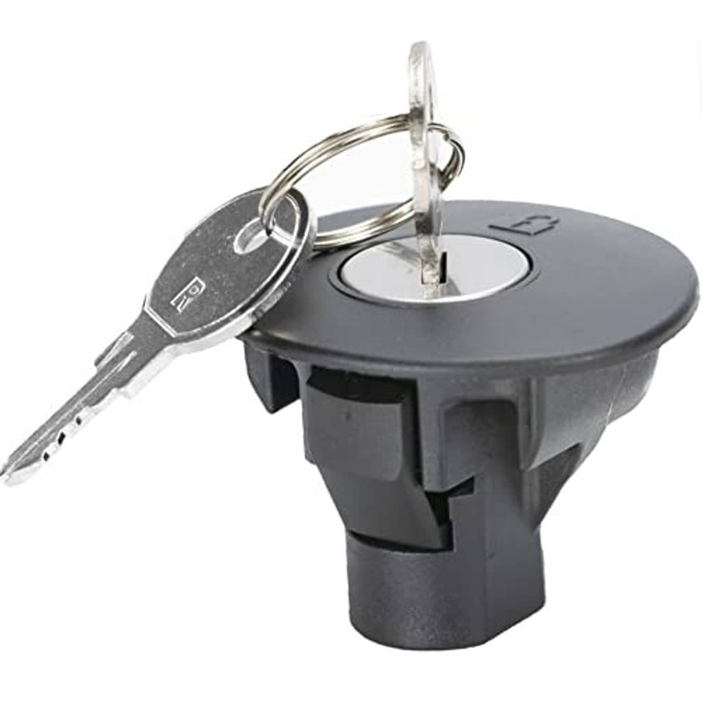 Locking fuel filler cap with key on ring, black plastic gas cap lock