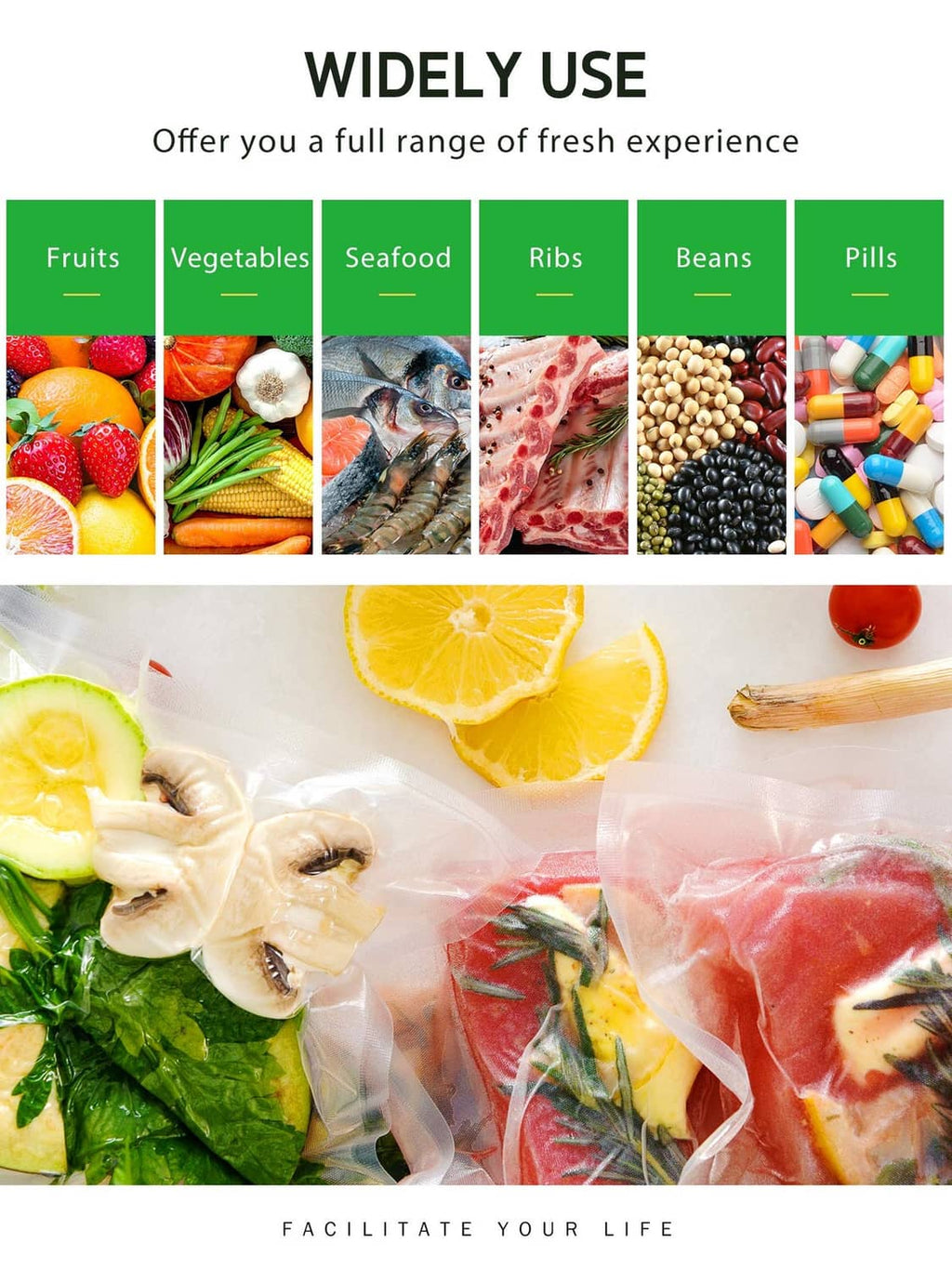 Assorted vacuum-sealed foods in clear bags, fruits, vegetables, seafood, and more