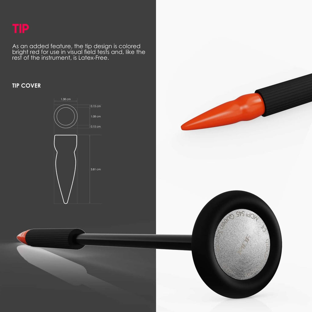 Black reflex hammer with orange tip cover, head and handle view