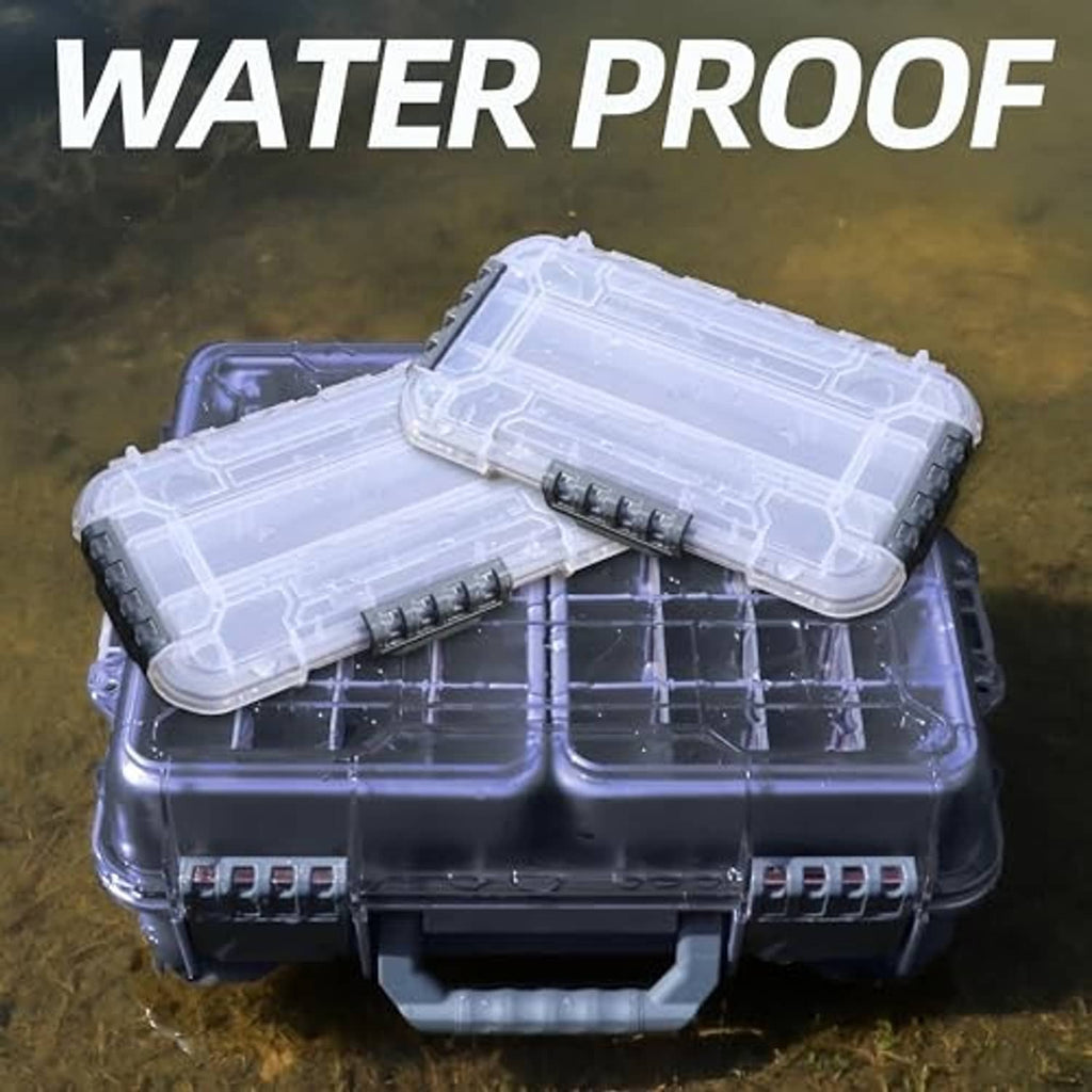 Blue waterproof-style fishing tackle box with clear top organizer covers
