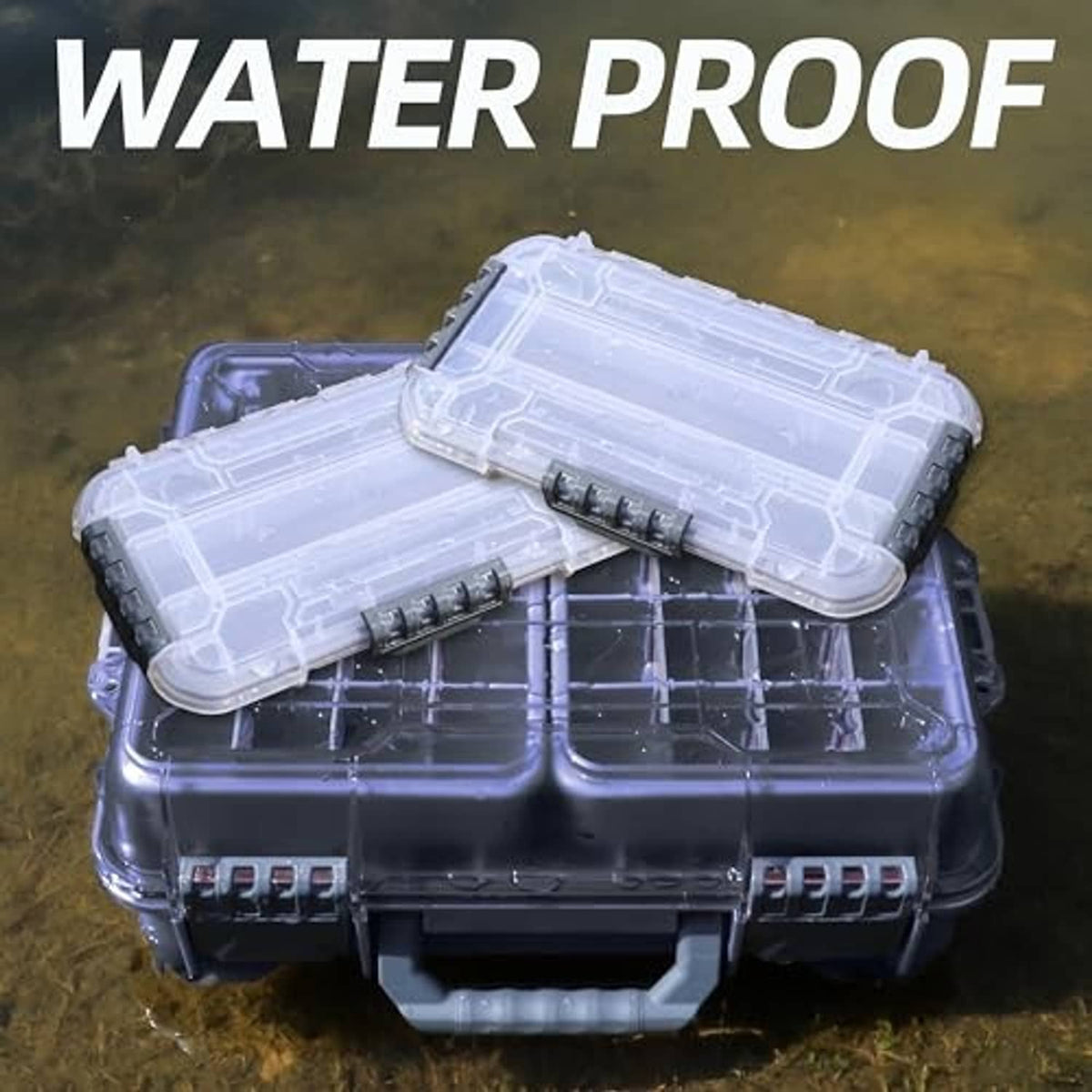 Blue waterproof-style fishing tackle box with clear top organizer covers