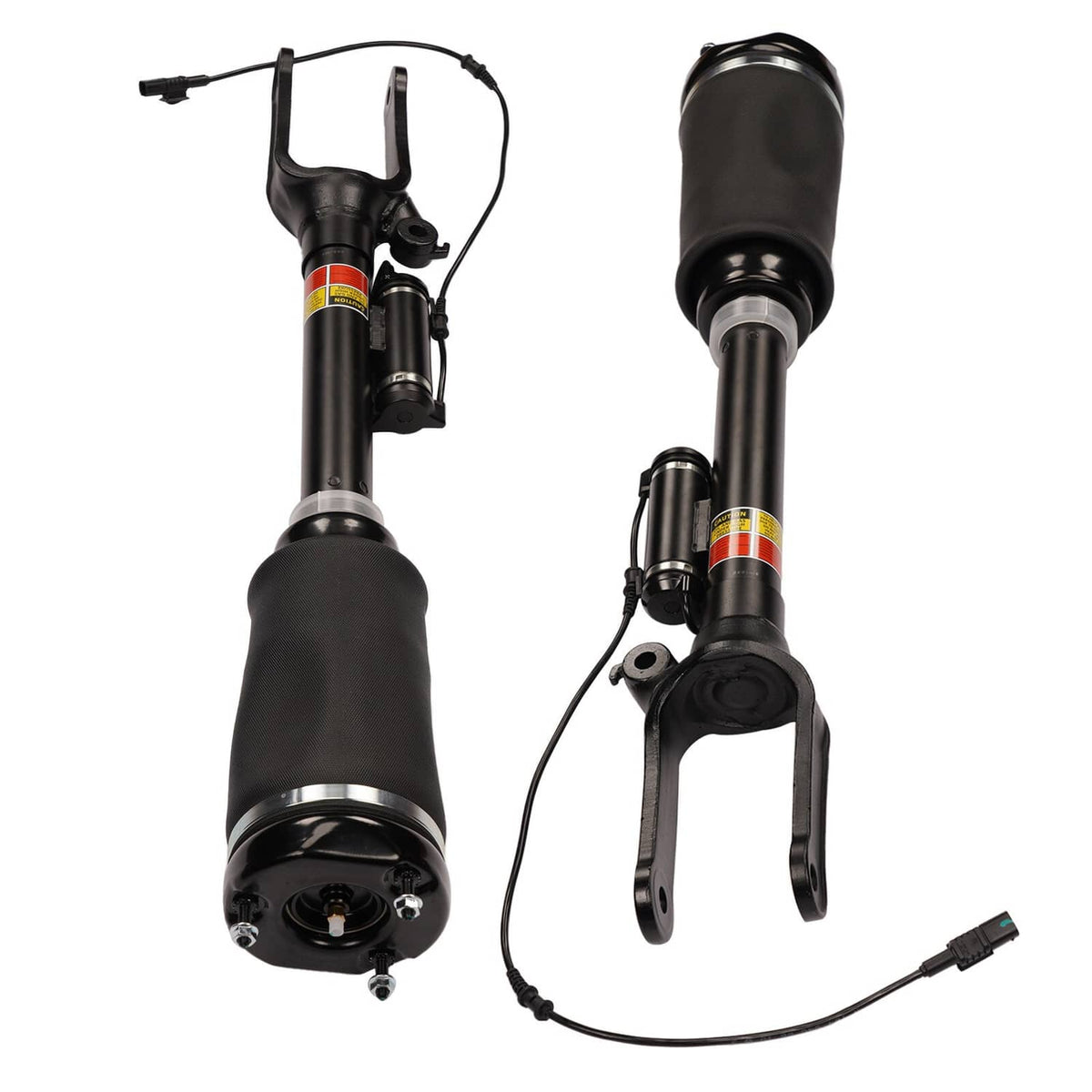 Front air suspension strut pair showing top caps, hoses, and electrical connector leads
