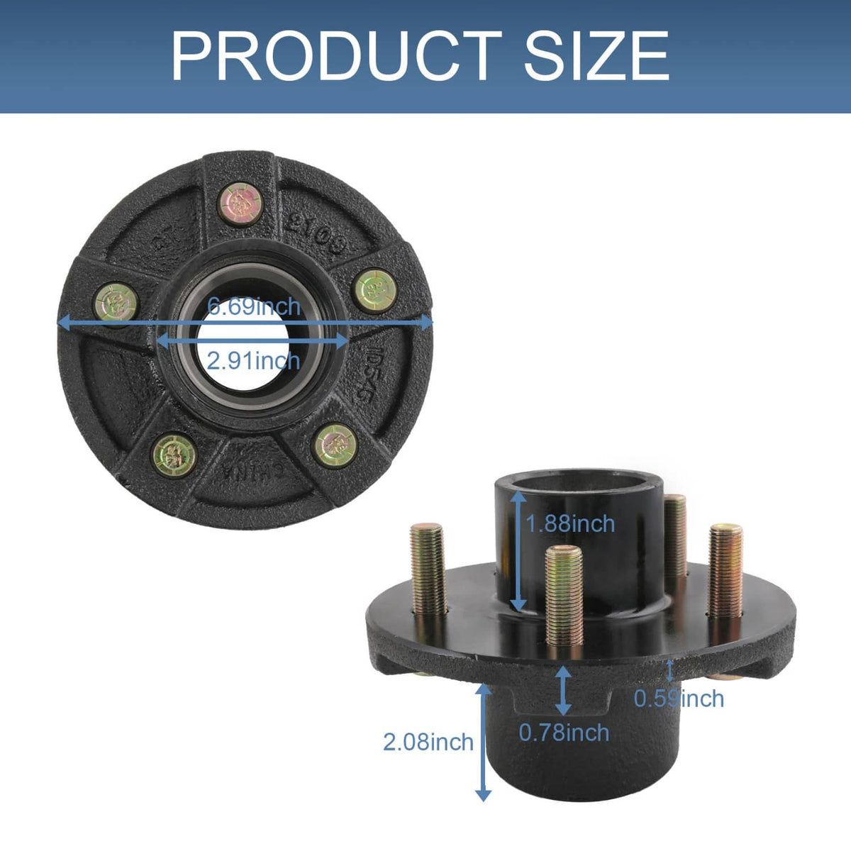 Trailer idler hub kit size diagram with black hub and dimension labels