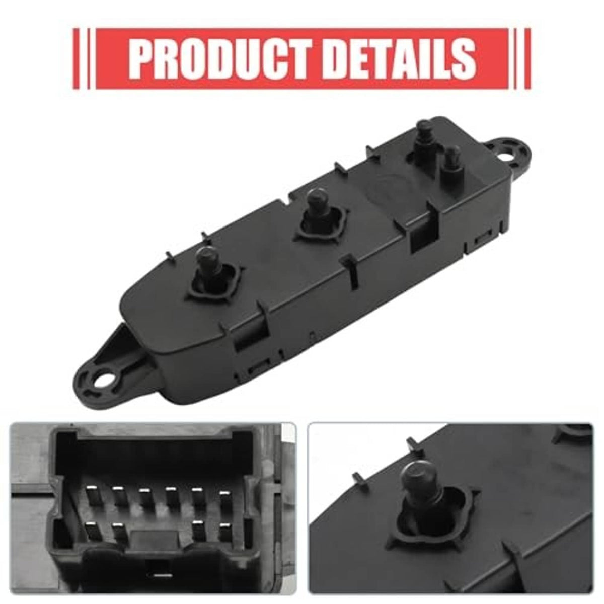 Power seat control switch, black plastic module with button posts and connector ports