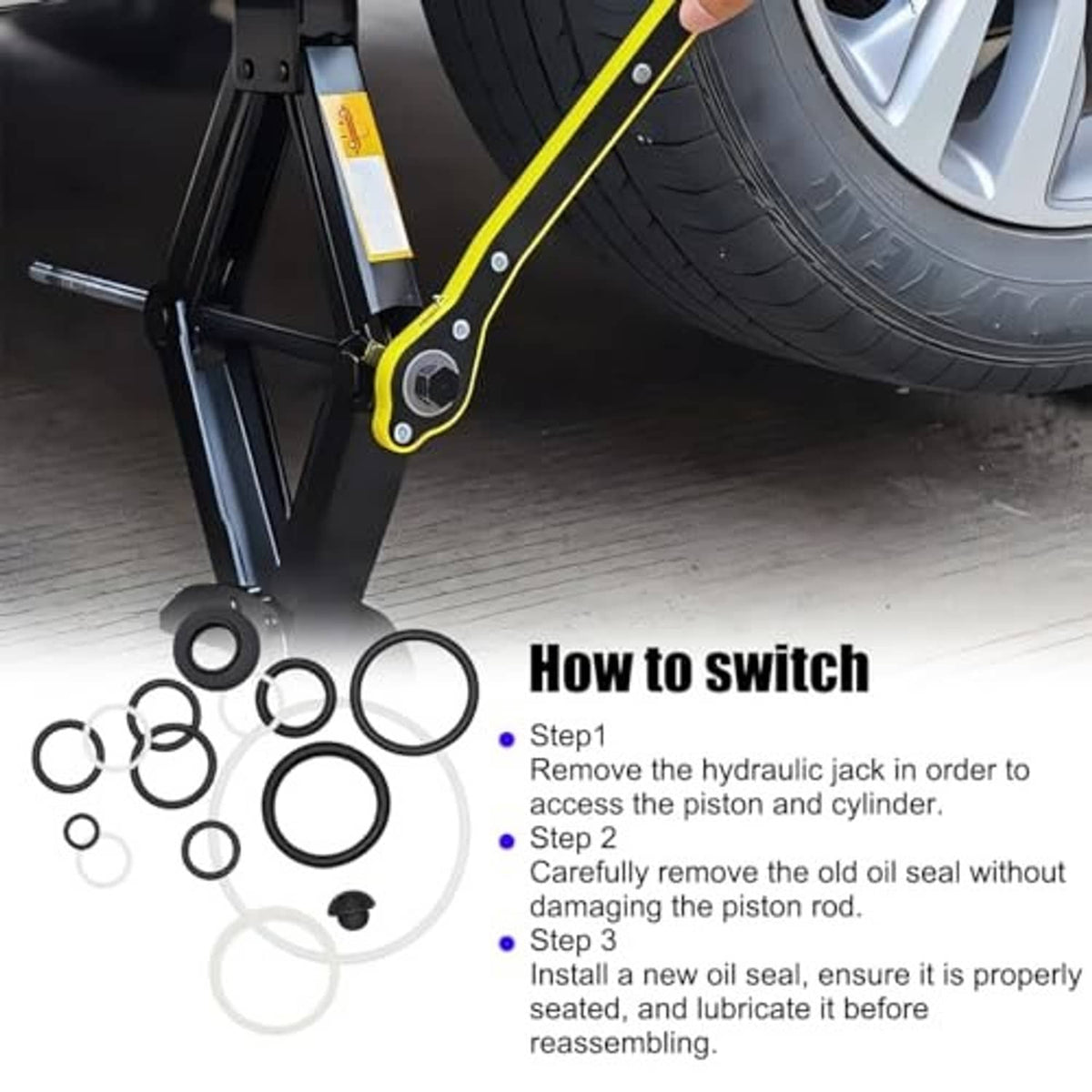 Hydraulic jack and O-ring seal repair kit with yellow handle and included seals