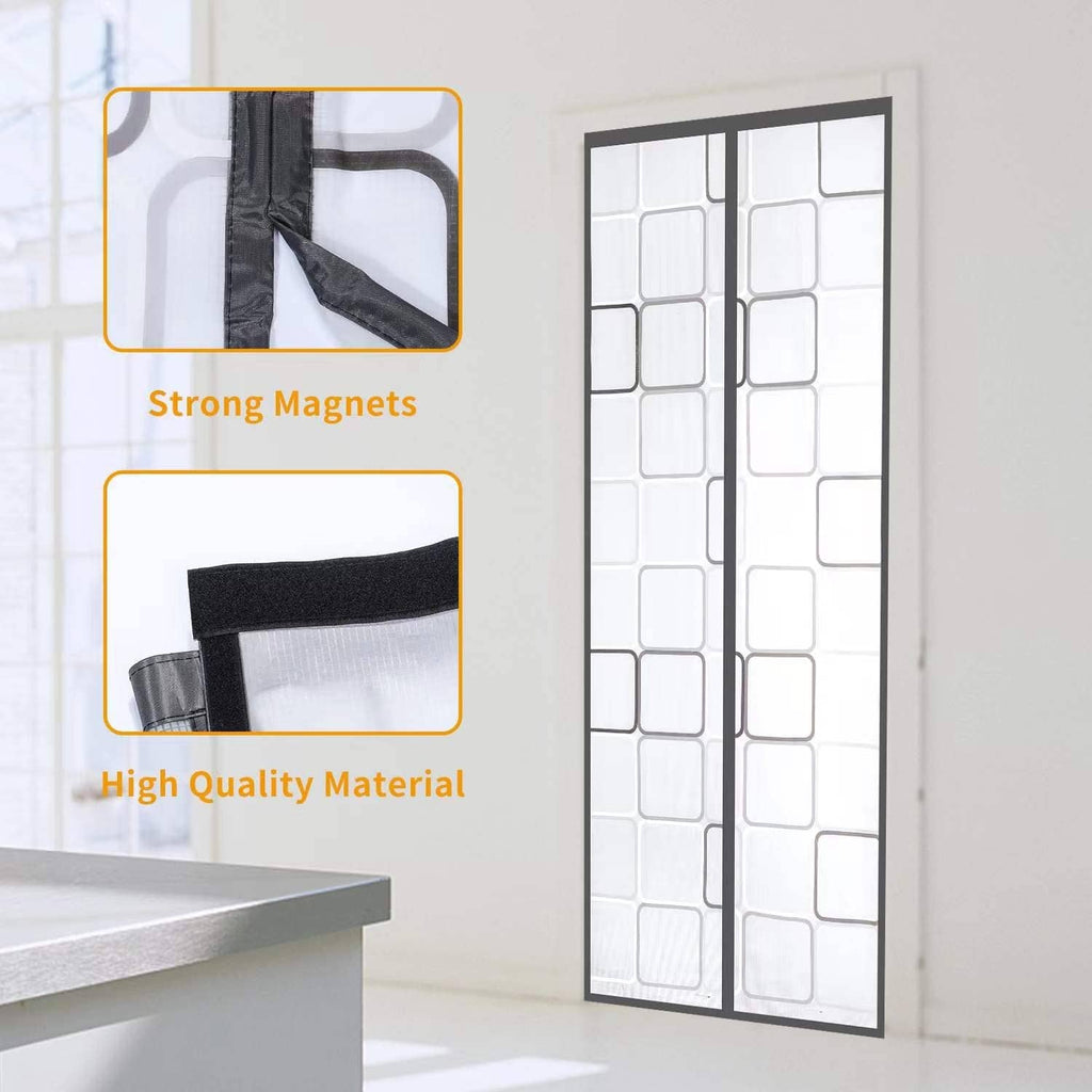 Magnetic door curtain with magnet strip and white mesh screen panel on doorway