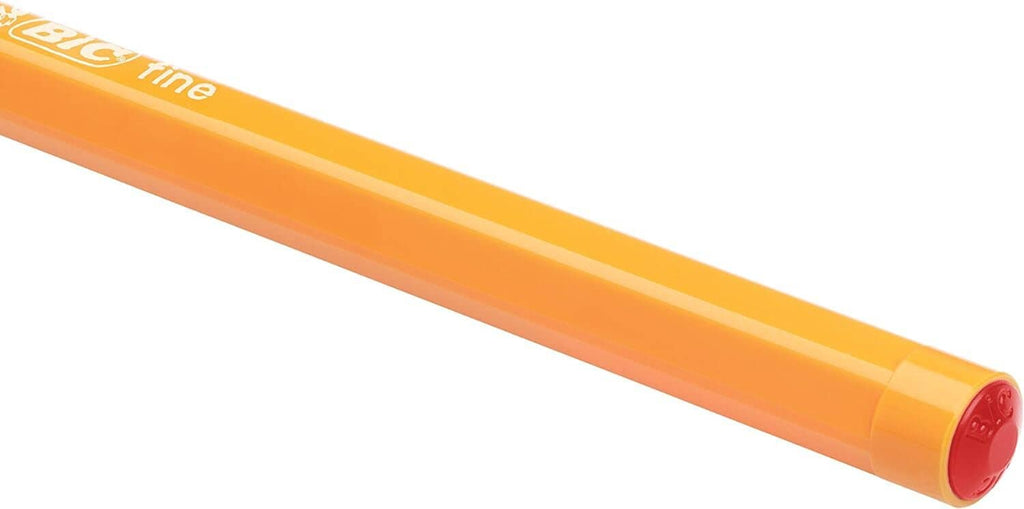 Orange fine-tip pen with red end cap, side view close-up