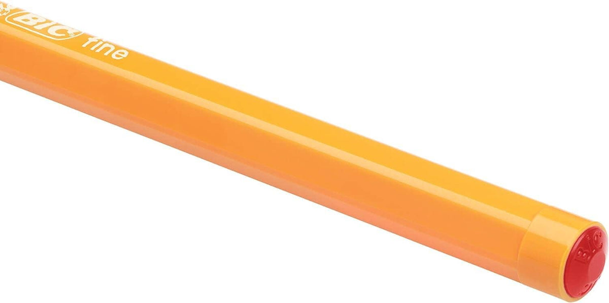 Orange fine-tip pen with red end cap, side view close-up