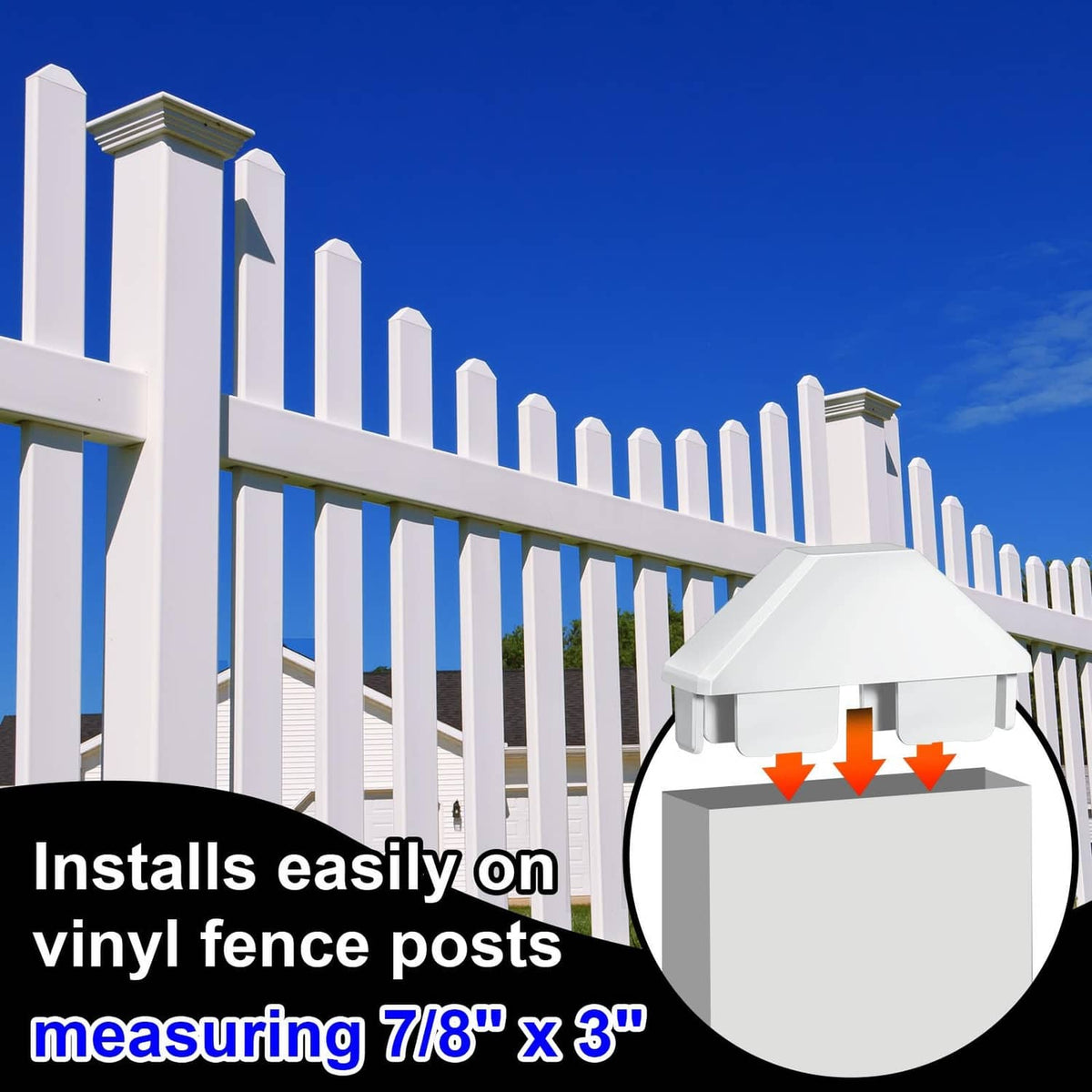 White vinyl dog-ear fence cap installed on top of vinyl picket posts