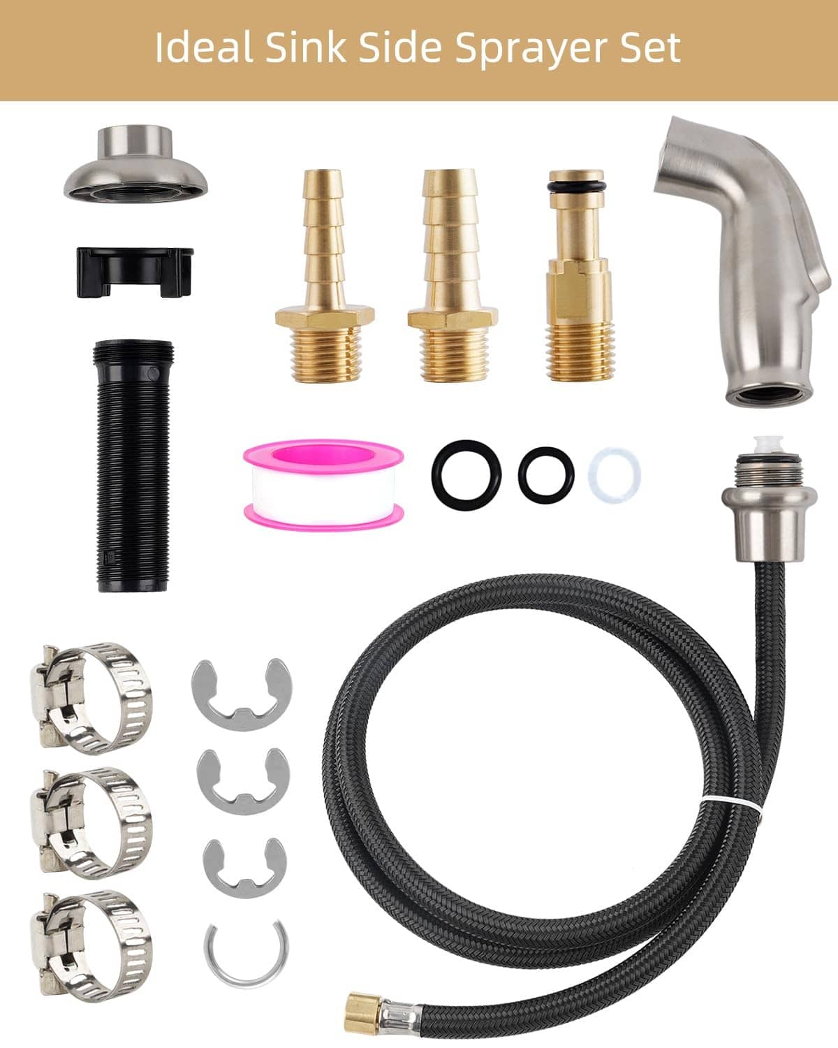 Universal side sprayer set with brushed nickel spray head, braided hose, and adapter fittings