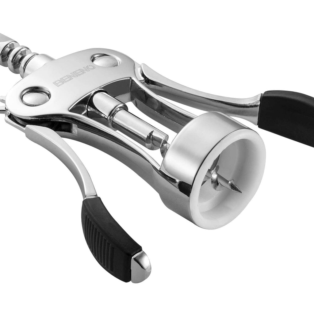 Silver wing corkscrew bottle opener with black side grips, close-up