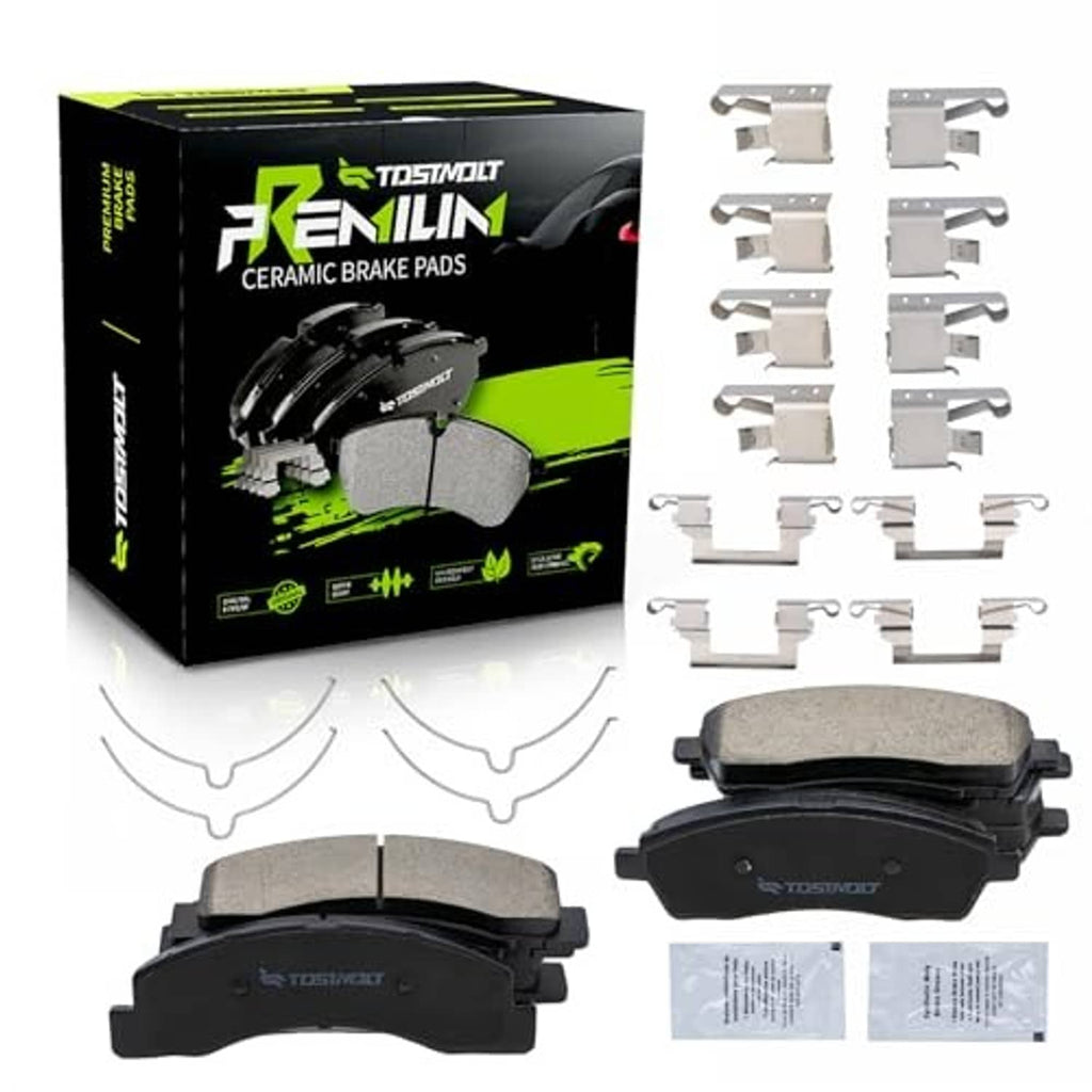 Ceramic brake pad set bundle with pads, metal hardware clips, and package inserts