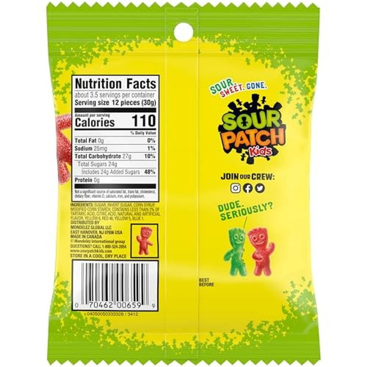 Sour candy bag back with Nutrition Facts panel and barcode; 3.6 oz net wt