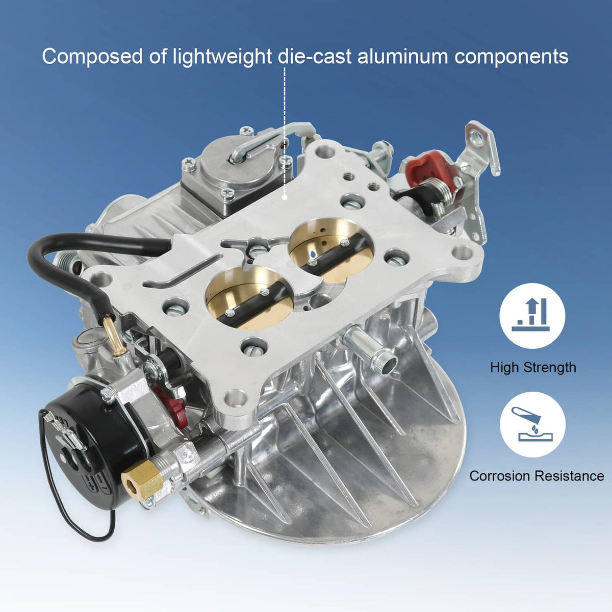 Two-barrel carburetor top view with dual throttle plates and aluminum body
