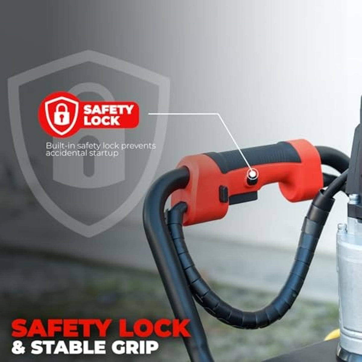Electric post hole digger handle assembly with safety lock and stable grip