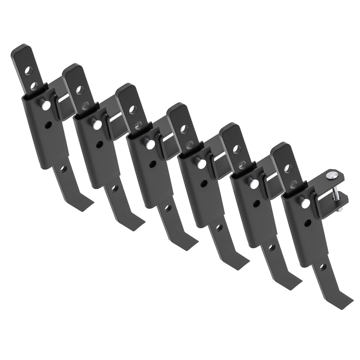 Powder-coated steel chisel plow implement with row of black plow legs and mounting holes
