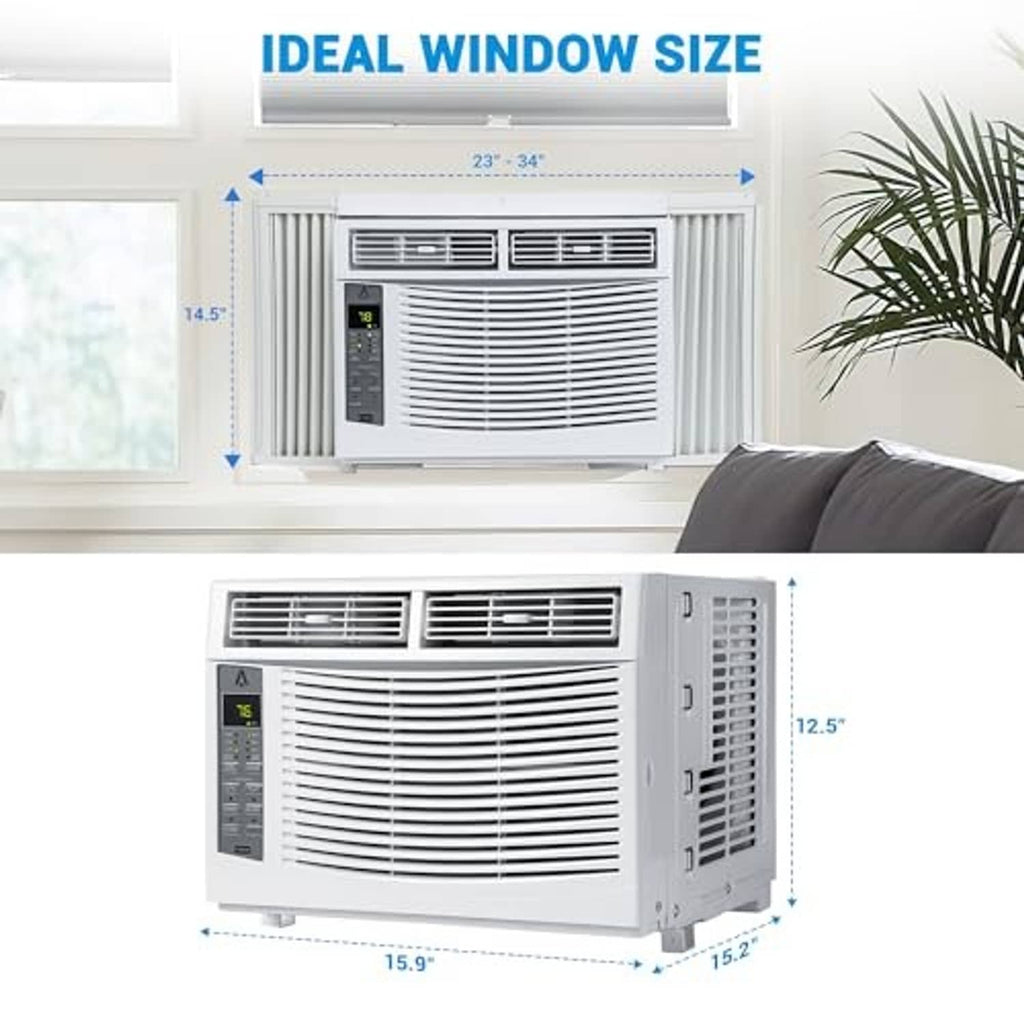 Window air conditioner with front grille and side panel view.