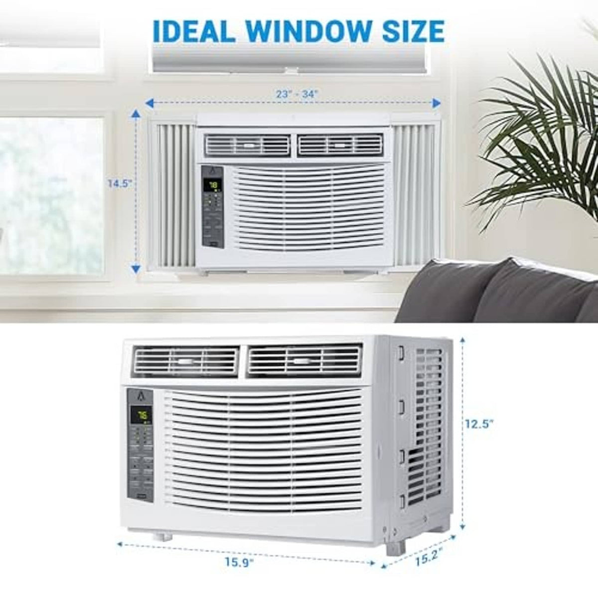Window air conditioner with front grille and side panel view.