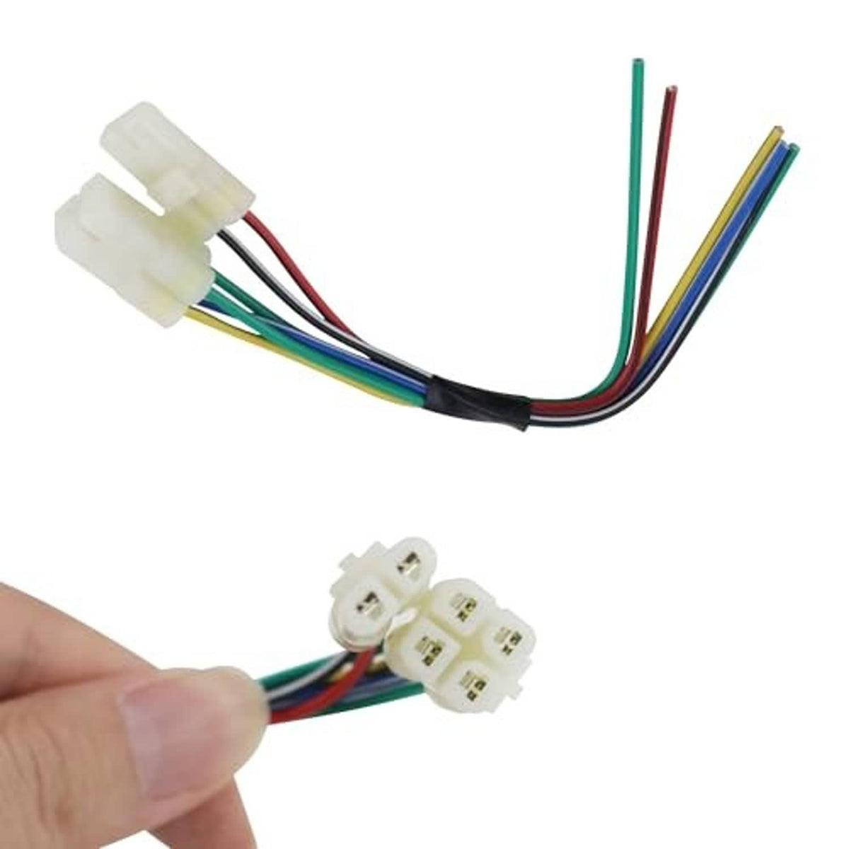 CDI module wire harness with white connectors and red, green, and yellow wire leads