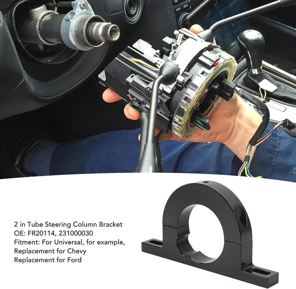 Black steering column mounting bracket with center hole and side mounting ears.