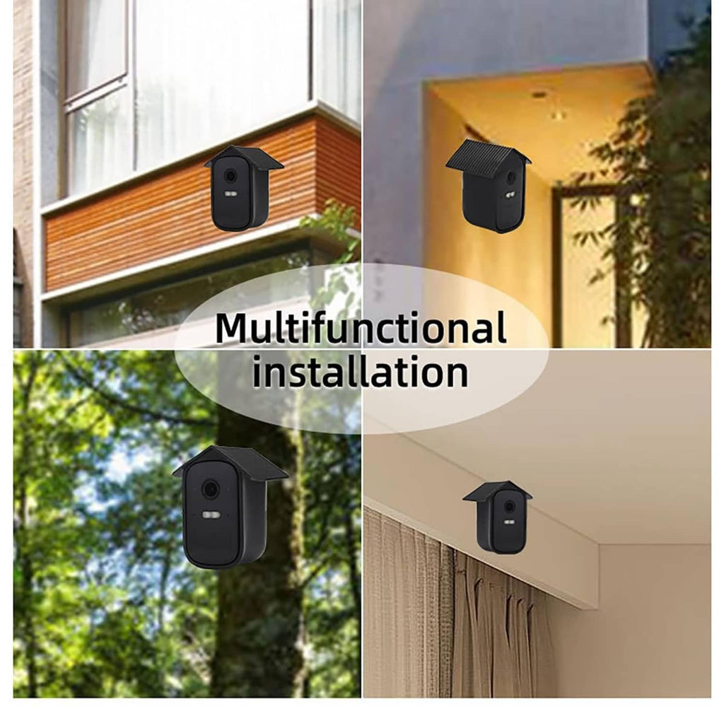 Black silicone camera cover on exterior wall under porch, open lens and holes