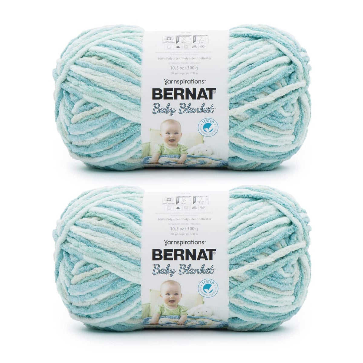 Super bulky chenille-style baby yarn skeins, light baby blue and green stripes (2-pack)