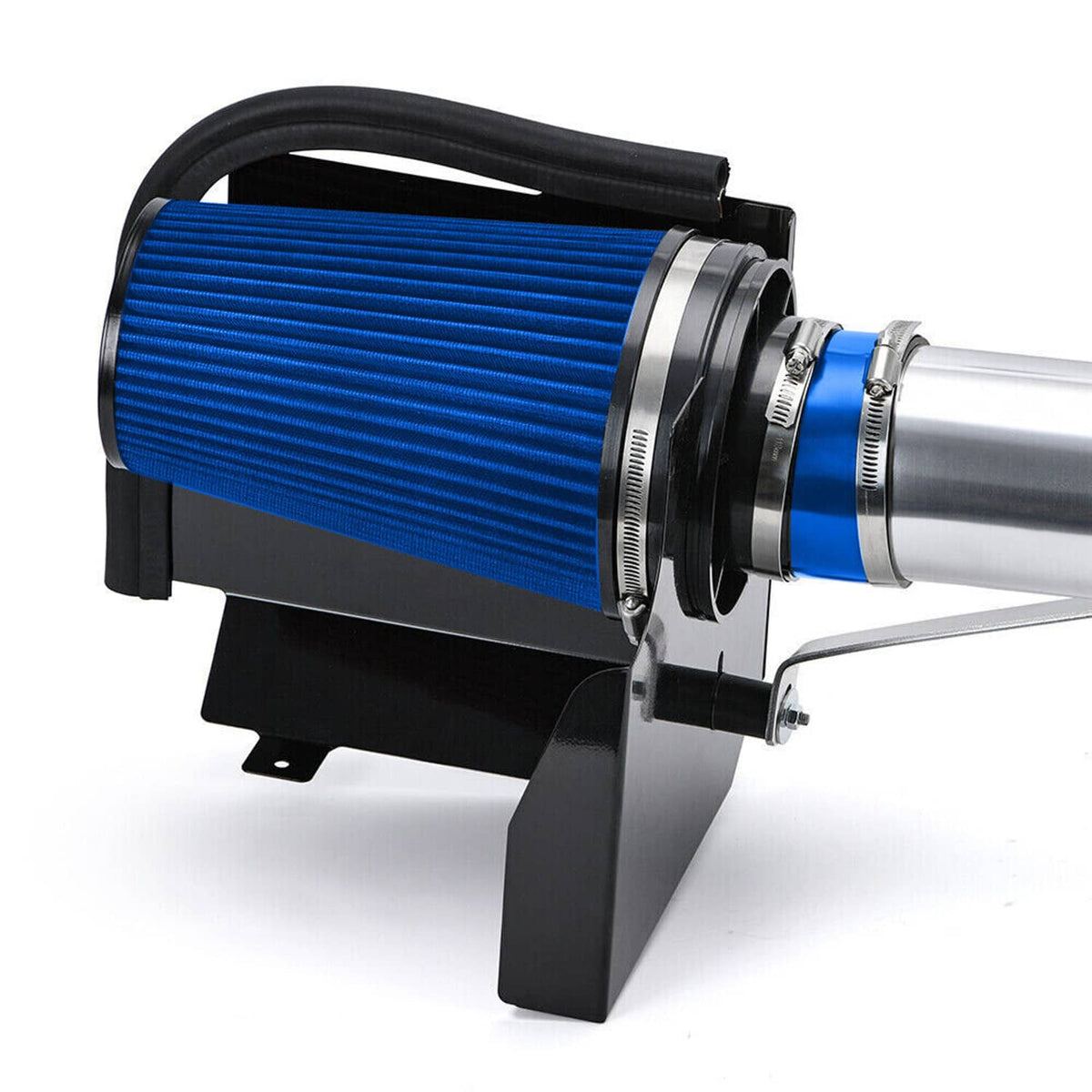 4-inch cold air intake kit close-up: blue cone filter, silver tube, and black mounting legs