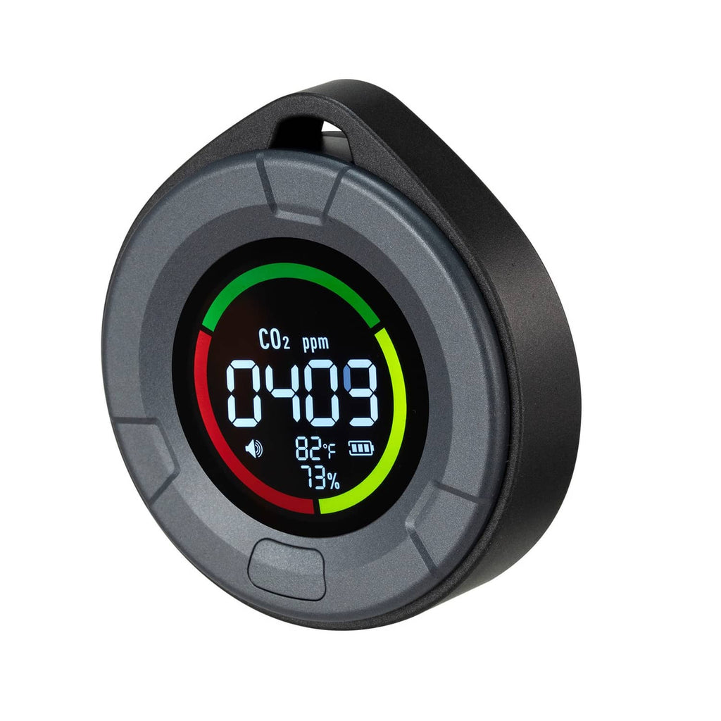 Carbon dioxide monitor and controller angled close-up with illuminated CO2 ppm screen