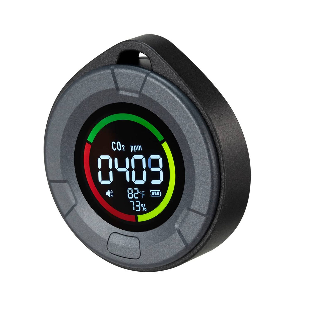 Carbon dioxide monitor and controller angled close-up with illuminated CO2 ppm screen