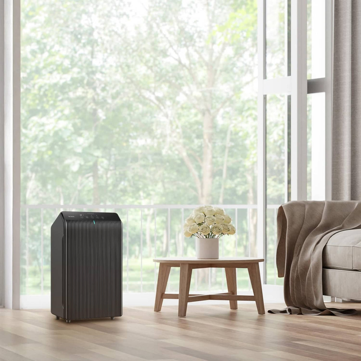 WINIX 5510 air purifier in charcoal gray, compact cube with vertical vents