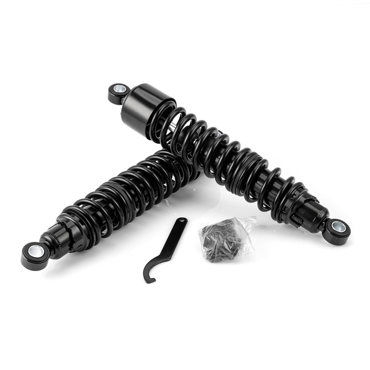 Black adjustable rear shock absorber set with coil springs, side mount eyelets, and wrench
